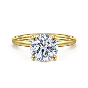 Gabriel & Co. ER16569R8Y4JJJ 14 karat yellow gold Contemporary engagement ring, front view of a round center in teardrop shaped prongs on a thin plain hoop