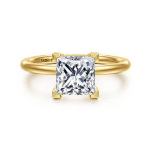 Gabriel & Co. ER16569S6Y4JJJ 14 karat yellow gold Contemporary engagement ring, front view of a princess cut center held at its corners by four squared prongs