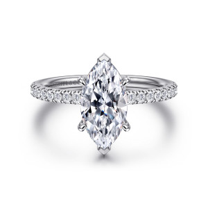 Gabriel & Co. ER16570M6W84JJ 18 karat white gold Contemporary engagement ring, front view of a marquise center held by pointed V tips above a slim band of small diamonds
