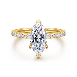 Gabriel & Co. ER16570M6Y84JJ 18 karat yellow gold Contemporary engagement ring, front view of a marquise center with pointed prongs at each tip and small diamonds on the shoulders