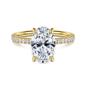 Gabriel & Co. ER16570O10Y44JJ 14 karat yellow gold Contemporary engagement ring, front view of an oval center held by four rounded prongs above a slim band