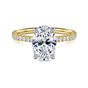 Gabriel & Co. ER16570O8M44JJ 14 karat white and yellow gold Contemporary engagement ring, front view of an oval center held by four rounded prongs above a diamond band