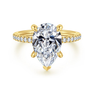 Gabriel & Co. ER16570P12Y44JJ 14 karat yellow gold Contemporary engagement ring, front view of a pear shaped center with a V tipped point prong and diamonds along both shoulders