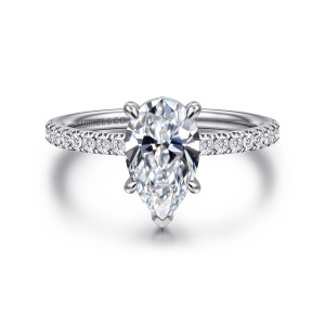 Gabriel & Co. ER16570P6W44JJ 14 karat white gold Contemporary engagement ring, front view of a pear shaped center with slim prongs and small round diamonds on the shoulders