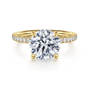 Gabriel & Co. ER16570R12Y44JJ 14 karat yellow gold Contemporary engagement ring, front view of a round center between four rounded prong tips with small stones on the shoulders