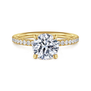 Gabriel & Co. ER16570R6Y44JJ 14 karat yellow gold Contemporary engagement ring, front view of a round center between four rounded prong tips and diamonds along both shoulders