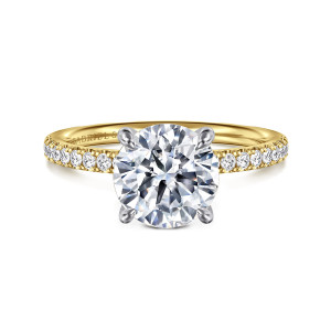 Gabriel & Co. ER16570R8M44JJ 14 karat white and yellow gold Contemporary engagement ring, front view of a round center in four prongs, head and band differing in tone