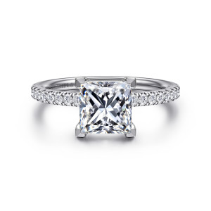 Gabriel & Co. ER16570S6W84JJ 18 karat white gold Contemporary engagement ring, front view of a princess cut center framed by square corner prongs with diamonds on both shoulders