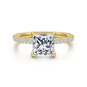 Gabriel & Co. ER16570S6Y44JJ 14 karat yellow gold Contemporary engagement ring, front view of a princess cut center gripped at its corners by four flat faced prongs