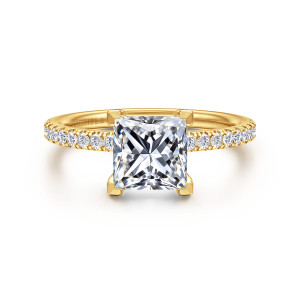 Gabriel & Co. ER16570S6Y84JJ 18 karat yellow gold Contemporary engagement ring, front view of a square center gripped at its corners with diamonds along the band