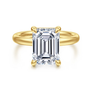 Gabriel & Co. ER16571E16Y4JJJ 14 karat yellow gold Contemporary engagement ring, front view of an emerald cut center held at its corners by teardrop topped prongs