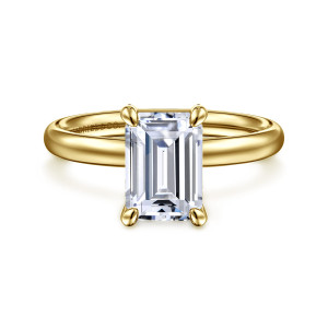 Gabriel & Co. ER16571E8Y4JJJ 14 karat yellow gold Contemporary engagement ring, front view of an emerald cut center in corner claws over a smooth domed band