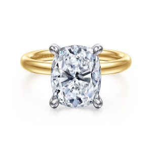 Gabriel & Co. ER16571G16M4JJJ 14 karat white and yellow gold Contemporary engagement ring, front view of an elongated cushion center with four prongs and a smooth band without stones