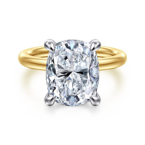 Gabriel & Co. ER16571G20M4JJJ 14 karat white and yellow gold Contemporary engagement ring, front view of an elongated cushion center in four broad claws above a smooth band
