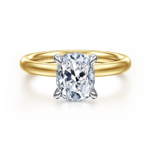 Gabriel & Co. ER16571G8M4JJJ 14 karat white and yellow gold Contemporary engagement ring, front view of an elongated center with rounded corner prongs above a smooth domed band