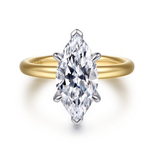 Gabriel & Co. ER16571M12M4JJJ 14 karat white and yellow gold Contemporary engagement ring, front view of a marquise center with V tips at both points and a plain rounded band