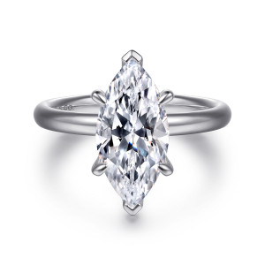 Gabriel & Co. ER16571M12W4JJJ 14 karat white gold Contemporary engagement ring, front view of a pointed marquise center with V-shaped end tips above a smooth plain band