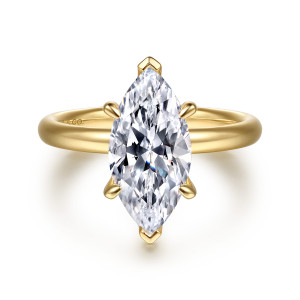 Gabriel & Co. ER16571M12Y4JJJ 14 karat yellow gold Contemporary engagement ring, front view of a marquise center with pointed end prongs and rounded side prongs on a smooth band