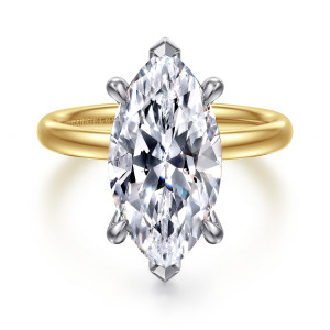 Gabriel & Co. ER16571M20M4JJJ 14 karat white and yellow gold Contemporary engagement ring, front view of a marquise center with pointed V tips and side claws above a smooth plain band