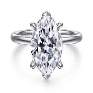 Gabriel & Co. ER16571M20W4JJJ 14 karat white gold Contemporary engagement ring, front view of a marquise center with pointed end prongs and rounded side claws over a smooth band