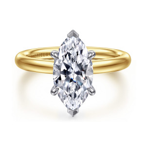Gabriel & Co. ER16571M8M4JJJ 14 karat white and yellow gold Contemporary engagement ring, front view of a marquise center with pointed tip caps and a plain rounded band with a maker's mark