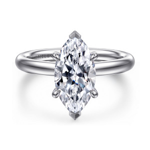 Gabriel & Co. ER16571M8W4JJJ 14 karat white gold Contemporary engagement ring, front view of a marquise center with pointed V tips and side claws on a smooth domed band