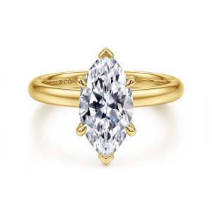 Gabriel & Co. ER16571M8Y4JJJ 14 karat yellow gold Contemporary engagement ring, front view of a marquise center with V shaped tip prongs and rounded side claws