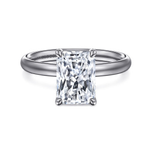 Gabriel & Co. ER16571N10W4JJJ 14 karat white gold Contemporary engagement ring, front view of a rectangular center with clipped corners between four rounded prongs