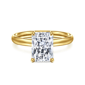 Gabriel & Co. ER16571N10Y4JJJ 14 karat yellow gold Contemporary engagement ring, front view of a rectangular center with clipped corners between four rounded prongs on a plain band