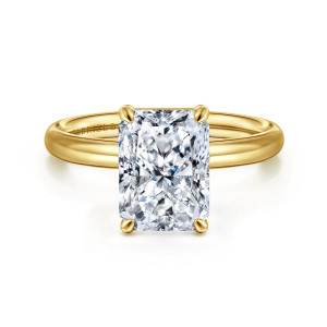 Gabriel & Co. ER16571N12Y4JJJ 14 karat yellow gold Contemporary engagement ring, front view of the trimmed corner center in four rounded prongs on a smooth domed band