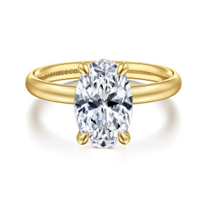 Gabriel & Co. ER16571O10Y4JJJ 14 karat yellow gold Contemporary engagement ring, front view of an oval center in four claw prongs on a smooth band with no stones