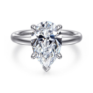 Gabriel & Co. ER16571P12W4JJJ 14 karat white gold Contemporary engagement ring, front view of a pear shaped center with a V prong at its tip over a smooth band