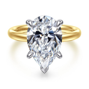 Gabriel & Co. ER16571P20M4JJJ 14 karat white and yellow gold Contemporary engagement ring, front view of a pear shaped center with a V shaped tip at its point