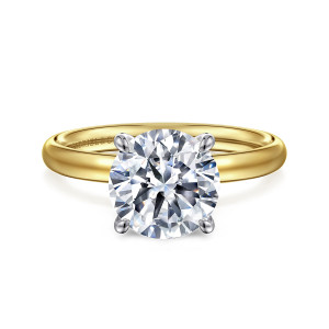 Gabriel & Co. ER16571R10M4JJJ 14 karat white and yellow gold Contemporary engagement ring, front view of a round center in four rounded prongs with a maker's mark inside the band