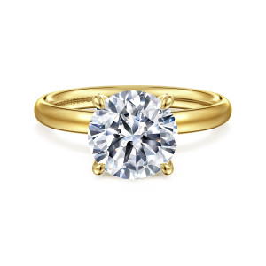 Gabriel & Co. ER16571R10Y4JJJ 14 karat yellow gold Contemporary engagement ring, front view of a round center in four teardrop tipped claws on a smooth rounded band