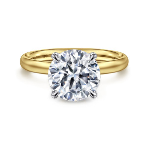 Gabriel & Co. ER16571R12M4JJJ 14 karat white and yellow gold Contemporary engagement ring, front view of a round center in four teardrop tipped prongs on a domed band with no stones