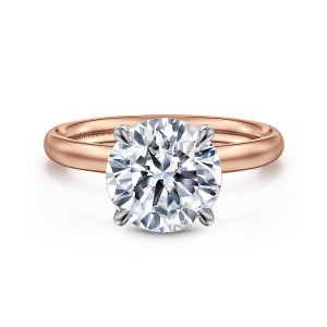 Gabriel & Co. ER16571R12T4JJJ 14 karat white and rose gold Contemporary engagement ring, front view of a round center gripped by four rounded prongs above a smooth polished band