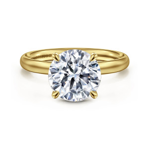 Gabriel & Co. ER16571R12Y4JJJ 14 karat yellow gold Contemporary engagement ring, front view of a round center held by four rounded claws over a smooth band