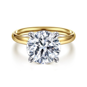 Gabriel & Co. ER16571R16M4JJJ 14 karat white and yellow gold Contemporary engagement ring, front view of a round center in four rounded claws over a smooth domed band
