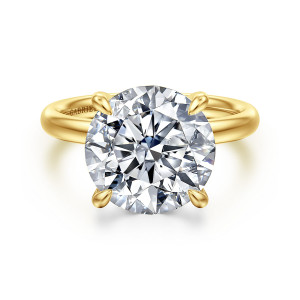 Gabriel & Co. ER16571R20Y4JJJ 14 karat yellow gold Contemporary engagement ring, front view of a round center gripped by four rounded claws on a smooth polished band