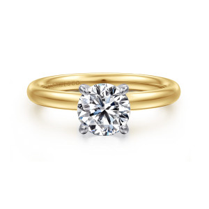 Gabriel & Co. ER16571R4M4JJJ 14 karat white and yellow gold Contemporary engagement ring, front view of a round center in four rounded prongs on a smooth band with no stones