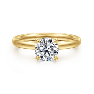 Gabriel & Co. ER16571R4Y4JJJ 14 karat yellow gold Contemporary engagement ring, front view of a round center held by four rounded prongs on a smooth band