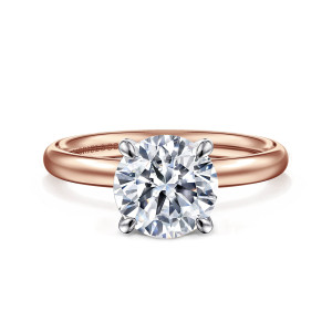 Gabriel & Co. ER16571R8T4JJJ 14 karat white and rose gold Contemporary engagement ring, front view of a round center in four claws over a smooth domed band with no other stones