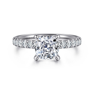 Gabriel & Co. ER16572C6W84JJ 18 karat white gold Contemporary engagement ring, front view of a cushion center held by four rounded prongs between diamond shoulders