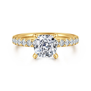 Gabriel & Co. ER16572C6Y84JJ 18 karat yellow gold Contemporary engagement ring, front view of a cushion shaped center between claw prongs with round diamonds close beside the head