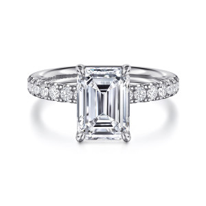 Gabriel & Co. ER16572E10W44JJ 14 karat white gold Contemporary engagement ring, front view of an emerald cut center between four corner claws above round diamonds