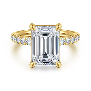 Gabriel & Co. ER16572E18Y44JJ 14 karat yellow gold Contemporary engagement ring, front view of an emerald cut center gripped at its corners by four rounded claw prongs