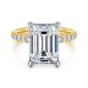 Gabriel & Co. ER16572E20M44JJ 14 karat white and yellow gold Contemporary engagement ring, front view of an emerald cut center in four rounded tip prongs with diamond shoulders