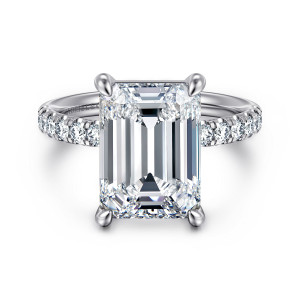 Gabriel & Co. ER16572E20W44JJ 14 karat white gold Contemporary engagement ring, front view of an emerald cut center in four rounded corner prongs above a diamond set band