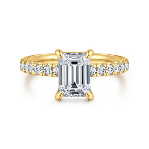 Gabriel & Co. ER16572E6Y84JJ 18 karat yellow gold Contemporary engagement ring, front view of an emerald cut center held by four rounded claw prongs at its corners